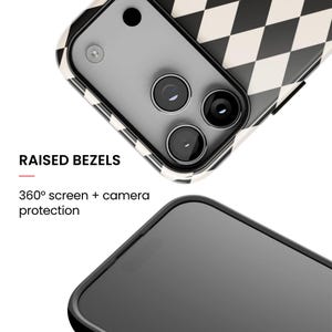 May include: A phone case featuring a black and cream diamond argyle pattern. The case includes raised bezels for 360 degree screen and camera protection. The text RAISED BEZELS and 360 degree screen + camera protection is printed on the image.