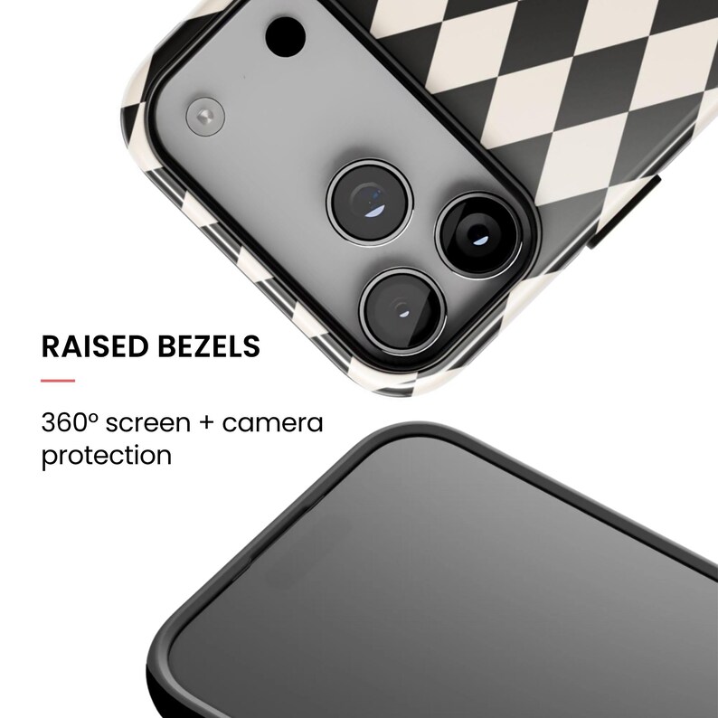 May include: A phone case featuring a black and cream diamond argyle pattern. The case includes raised bezels for 360 degree screen and camera protection. The text RAISED BEZELS and 360 degree screen + camera protection is printed on the image.