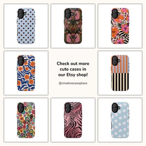 May include: Nine phone cases with various designs are displayed. The cases feature patterns such as polka dots, floral arrangements, animal prints, and stripes. Text on the image reads: "Check out more cute cases in our Etsy shop! @creativecaseplace."