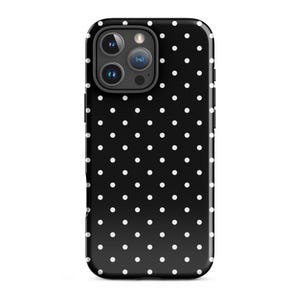 May include: A black smartphone case featuring a repeating pattern of small white polka dots. The case has a cutout at the top left corner for a triple-lens camera system and a flash, with buttons visible along the side edges of the protective cover.