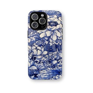 Funda para teléfono con diseño floral azul de Delft: diseño de cerámica vintage, carcasa resistente para iPhone, Samsung y Pixel.