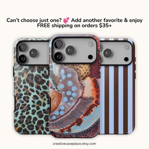 May include: Three smartphone cases featuring distinct designs: a teal and black leopard print, an abstract multicoloured pattern with blue circles, and vertical brown and light blue stripes. Each case has a rectangular camera cutout.