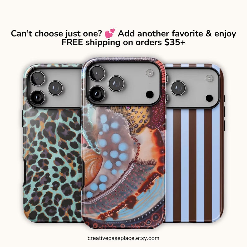 May include: Three smartphone cases featuring distinct designs: a teal and black leopard print, an abstract multicoloured pattern with blue circles, and vertical brown and light blue stripes. Each case has a rectangular camera cutout.