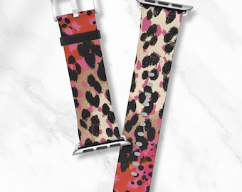 Correa para Apple Watch WILD IN PINK / Correa de cuero vegano con estampado de leopardo llamativo / Correa para iWatch moderna y bonita