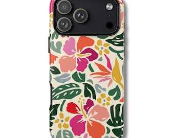 HIBISCUS GARDEN Phone Case | Colorful Tropical Floral iPhone 17 Pro Max 16 15 14 13 | Botanical Print MagSafe Tough Case