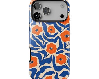 May include: A smartphone case featuring a repeating pattern of vibrant orange flowers with dark blue centres and dark blue foliage set against a cream-coloured background. The case has a black camera cutout area with three circular lenses visible.