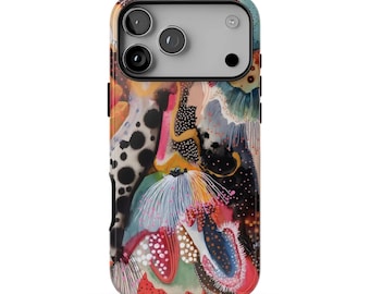 May include: A smartphone case featuring an abstract, multi-coloured design with black, white, pink, orange, and teal elements. The pattern includes organic shapes, fine line work, and dotted textures across the entire surface of the phone cover.