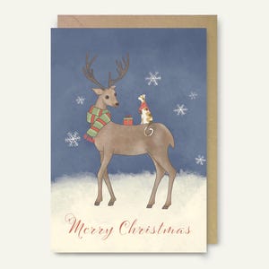 voeux d'hiver fantaisistes | Carte de Noël d'amitié de cerf et de chat | Formats A6 et 5 x 7 | Enveloppe incluse