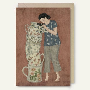 Biglietto di auguri / Donna che gioca con un gatto / Dimensioni A6, 5x7 pollici / Busta inclusa