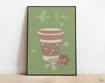 Coffee Time | Takeaway Coffee Mug with Coffee Beans and Blooms | Sizes A5 to A3 | Unframed