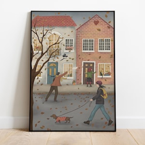 Herbstliche Straßenszene Kunstdruck | Handgezeichnet | Gemütliche Herbst Wand Kunst | Geschenkidee Größen A5, A4, A3 | Ungerahmt