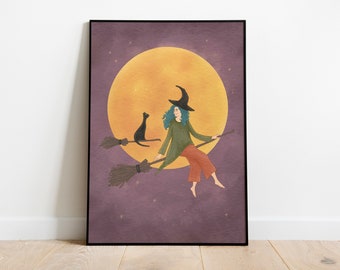Witch and Black Cat Art Print | Halloween Home Decor