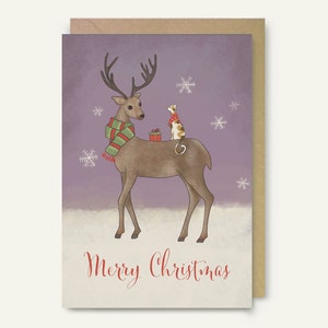 voeux d'hiver fantaisistes | Carte de Noël d'amitié de cerf et de chat | Formats A6 et 5 x 7 | Enveloppe incluse