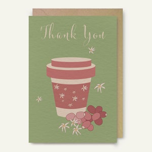 de remerciements | Tasse à emporter avec grains de café et fleurs | À l'unité ou en lot de 5 | Format A6 et 5 x 7 pouces | Enveloppe incluse