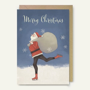 Père Noël patinant avec son sac de cadeaux | Carte de Noël | Formats A6 et 5 x 7 pouces | Enveloppe incluse