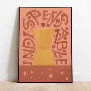 May include: A pink and brown poster with a stylized illustration of a coffee pot and the words "Espresso" and "Caffe" written around it.