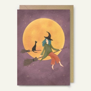 Carte de voeux d'une sorcière apprenant à son chat noir à voler sur un balai | Carte d'Halloween | Formats A6 et 5 x 7 pouces | Enveloppe incluse