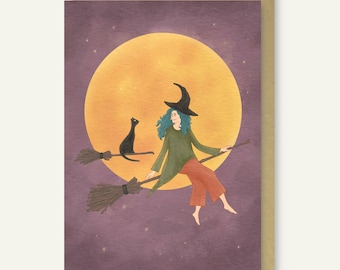 Biglietto di Halloween con strega e gatto nero / Biglietto di auguri magico formato A6