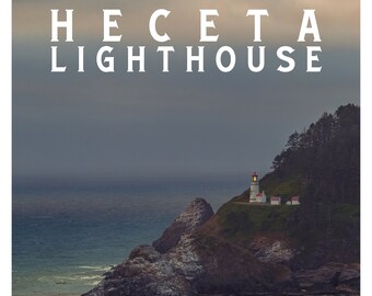 May include: A white lighthouse with a red roof sits on a rocky cliff overlooking a body of water. The sky is a cloudy gray and the water is a dark blue. The text "Heceta Lighthouse" and "Est 1894" are visible in the image.