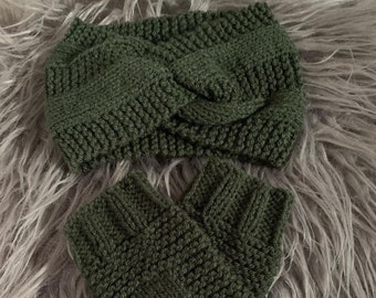 Hand Knitted Gift set - Fingerless gloves and headband