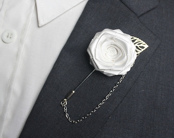 White Rose Lapel Pins Men , Suit Lapel Chain , Rose Wedding Lapel Pin Chain for Groom Groomsmen , Buttonholes Boutonnieres for Men Set of