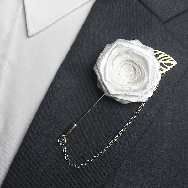 White Rose Lapel Pins Men , Suit Lapel Chain , Rose Wedding Lapel Pin Chain for Groom Groomsmen , Buttonholes Boutonnieres for Men Set of