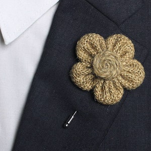 Burlap Lapel Pin , Natural Burlap Boutonniere , Jute Fabric Flower Lapel Pins  Men , Hessian Lapel Flowers , Rustic Wedding Boutonniere