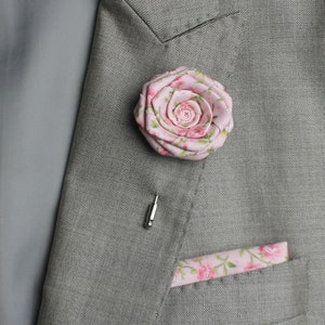 Pink Floral Lapel Pin & Pocket Square Set: Wedding Groomsmen Prom
