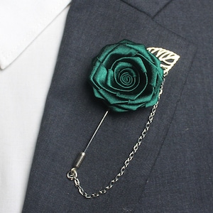 Lapel Pin Chain , Emerald Green Suit Lapel Chain , Wedding Lapel Pins Men for Groomsmen , Buttonholes Flower , Rose Lapel Pin Set of 8 9 10.