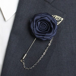 Navy Blue Lapel Pin Chain , Suit Lapel Chain , Rose Wedding Lapel Pins Men for Groom Groomsmen , Boutonnieres Flower , Lapel Pin Set of