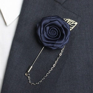 Navy Blue Lapel Pin Chain , Suit Lapel Chain , Rose Wedding Lapel Pins Men for Groom Groomsmen , Boutonnieres Flower , Lapel Pin Set of .