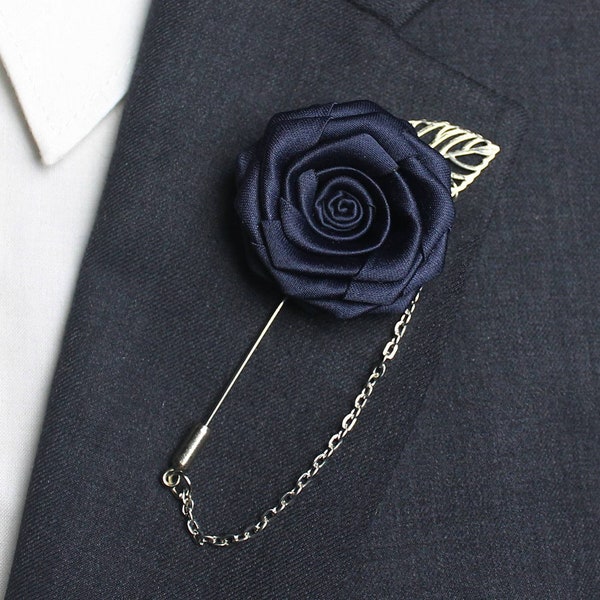 Chaîne d'épinglettes bleu marine, chaîne de revers de costume, épingles de revers de mariage roses pour garçons d'honneur, boutonnières fleur, ensemble d'épingles de revers