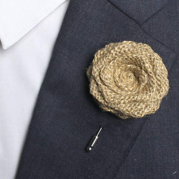 Burlap Lapel Pin , Rose Burlap Boutonniere , Jute Fabric Flower Lapel Pins  Men , Hessian Lapel Flowers , Rustic Winter Wedding Boutonniere