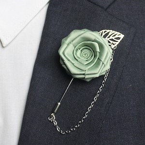Sage Green Lapel Pin Chain , Suit Lapel Chain , Rose Wedding Lapel Pins Men for Groom Groomsmen , Boutonnieres Flower , Lapel Pin Set of