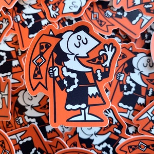May include: Orange sticker depicting a cartoon character with a pizza slice and a banner with pizza slices. The character is dressed in black and white. The sticker has a white border and is surrounded by other stickers.