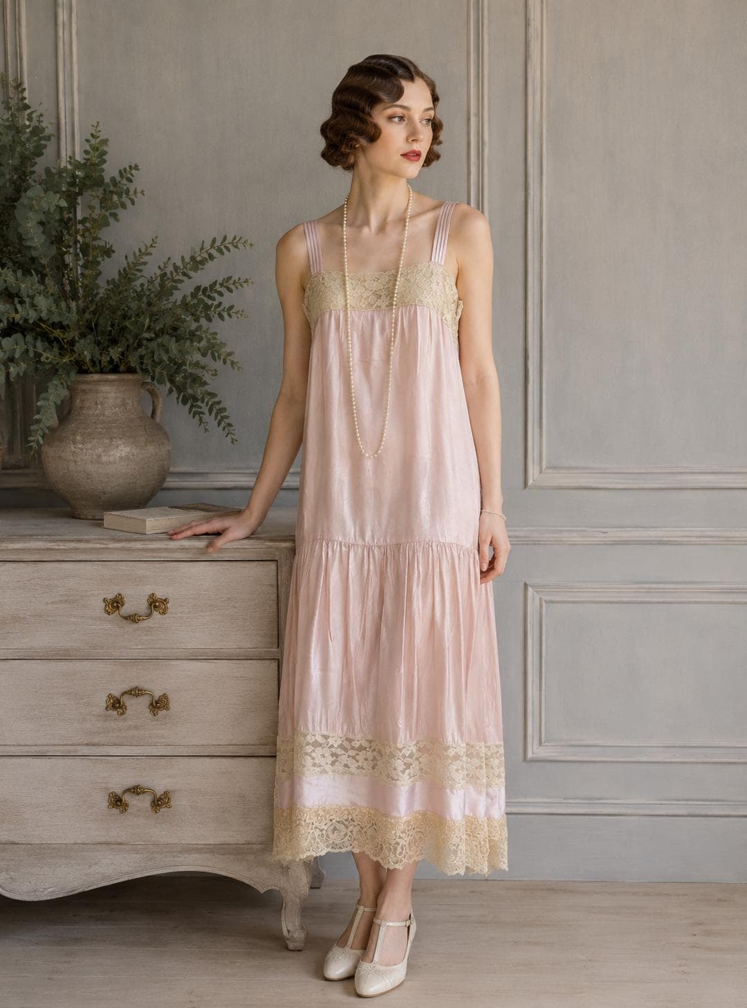 Antique 1920s Silky Satin & Lace Slip Dress - Vintage Nightdress - Elegant Lingerie