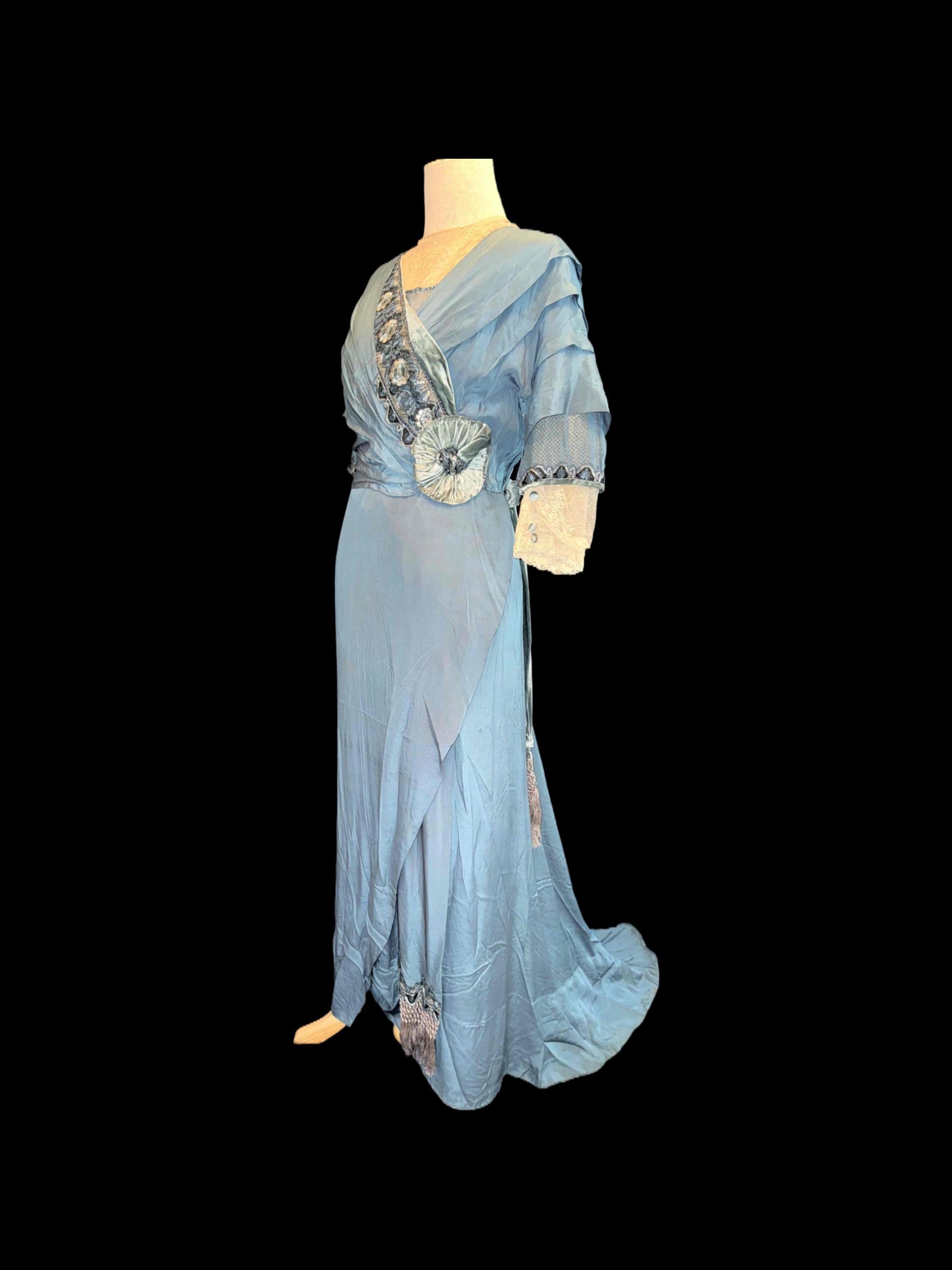 Antique Blue Satin Edwardian Evening Dress C1910 UK