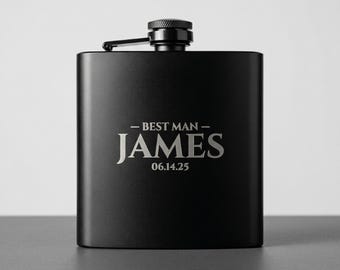 Personalized Flask — Custom Engraved Groomsmen Gift, Best Man Flask, Matte Black Steel Flask, Wedding Party Gift for Him