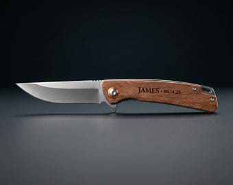 Personalized Pocket Knife — Custom Engraved Groomsmen Gift, Best Man Gift, Wood Handle Knife, Wedding Party Gift for Him