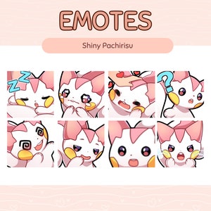May include: A set of eight animated emotes featuring a pink and white Pachirisu Pokemon with different expressions, including sleeping, confused, blushing, and surprised.