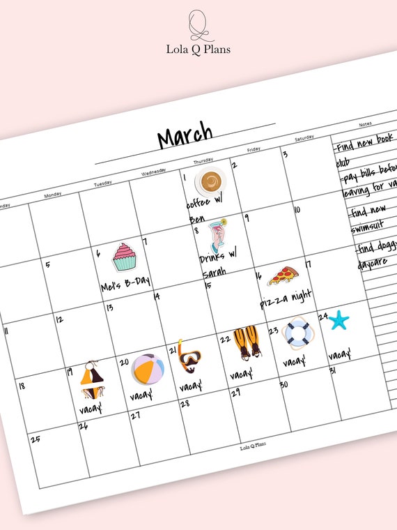 Printable Monthly Calendar With Notes Section Calendar Insert Minimalist  Digital Calendar Monthly Calendar With Lined Notes Section - Etsy