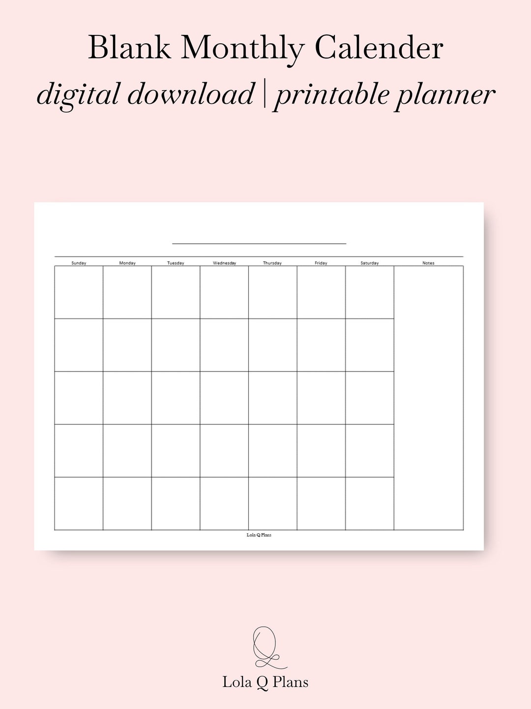 Printable Monthly Calendar With Blank Notes | Calendar Insert ...