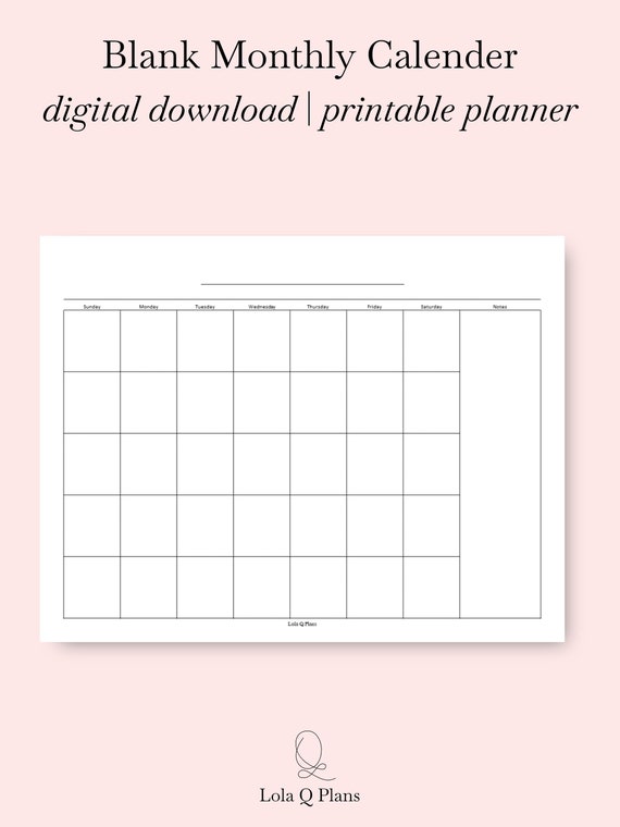 Printable Monthly Calendar With Blank Notes Calendar Insert - Etsy
