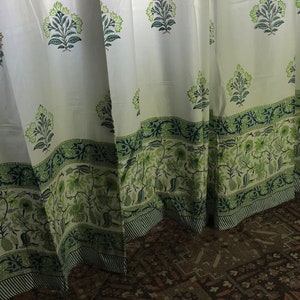 White Cotton Curtain: Green Indian Block Print Bohemian Drape