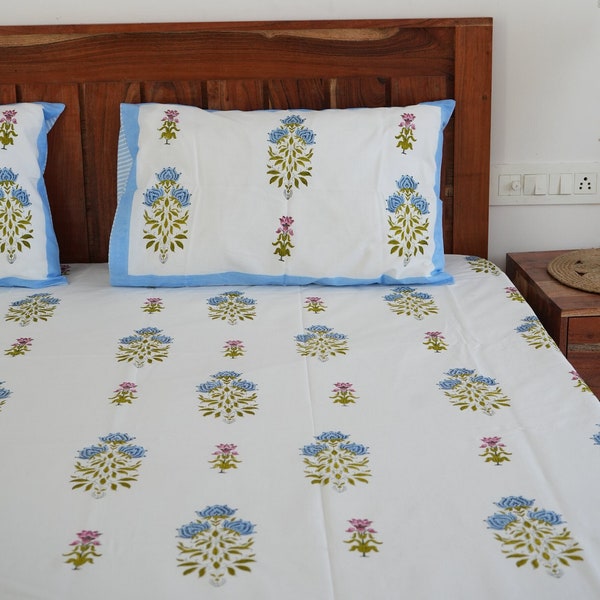 Indian block printed bedcover/Cotton premium bedsheet/Handblock print boho bed linen/House warming gift/bedding set  with two pillow covers