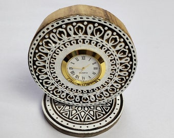 Handmade Wooden Desk Clock: Jaipur Mughal Artwork, Retro Decor