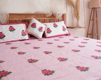 Handmade Cotton Queen Bedsheet: Indian Block Print Bedding with Pillow Covers