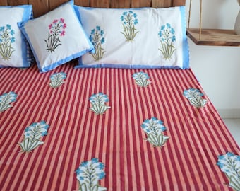 Hand Block Print Cotton Bedsheet Set: Red Peach Stripes, Floral Buta