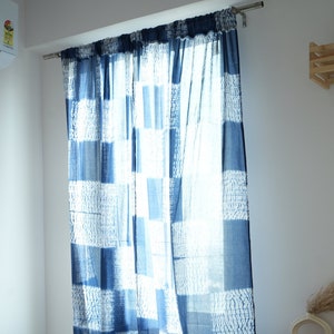 Indigo Shibori Curtain: Bohemian Block Print Cotton Window Panel