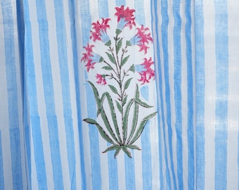 Blue & White Striped Cotton Curtains: Hand Block Print Bohemian Window Treatment